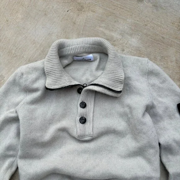 Stone Island AW2011 Lambswool 1/4 Button-Up Knitted Sweater In Snow White